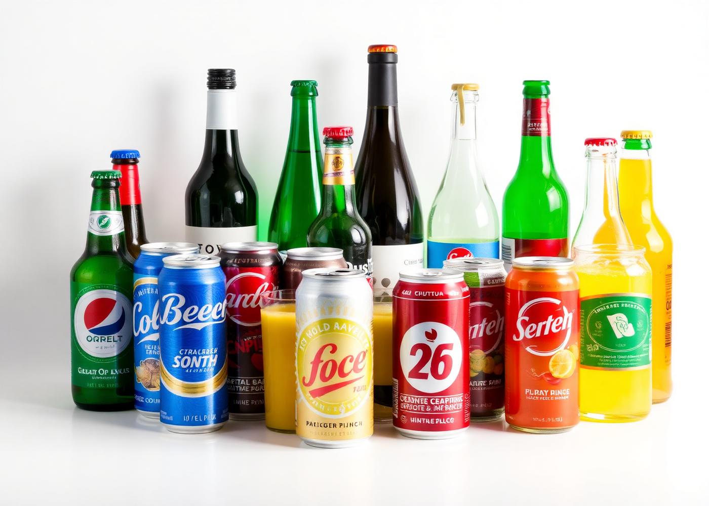 Cervejas, refrigerantes, sucos e vinhos organizados sobre superfície clara